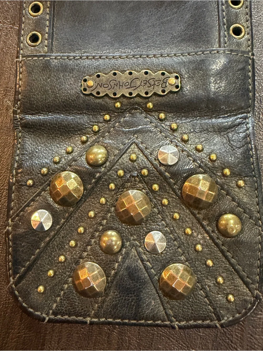 Vintage Betsey Johnson Studded Leather Trifold Wallet Olive Green